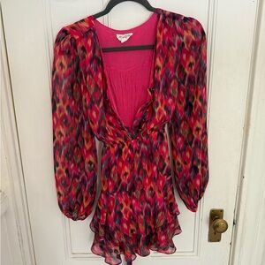 Pink and Red Wrap dress with Ruffled Sleeves